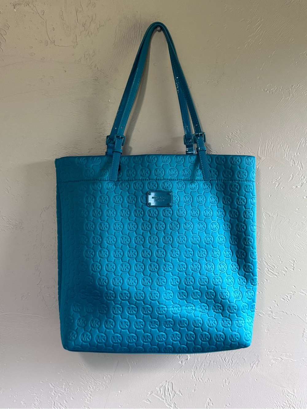 Michael Kors Bright Turquoise Embossed MK Tote